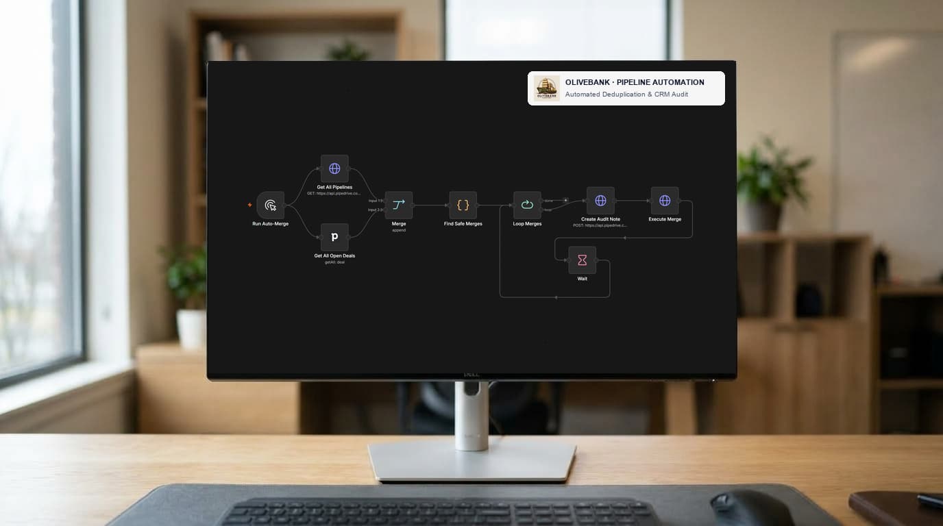 An automation canvas merging duplicate records and writing an audit note