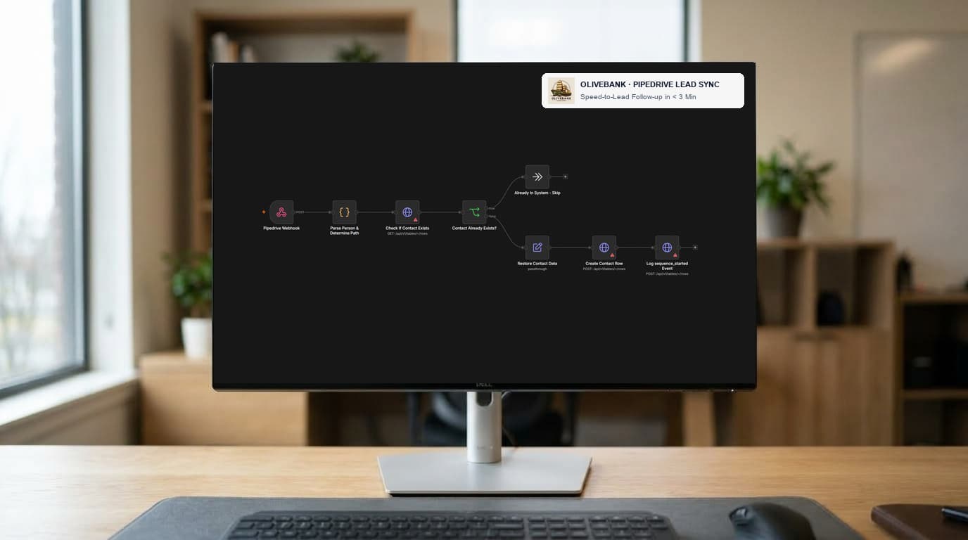 An automation canvas routing an inbound lead into a CRM, step by step