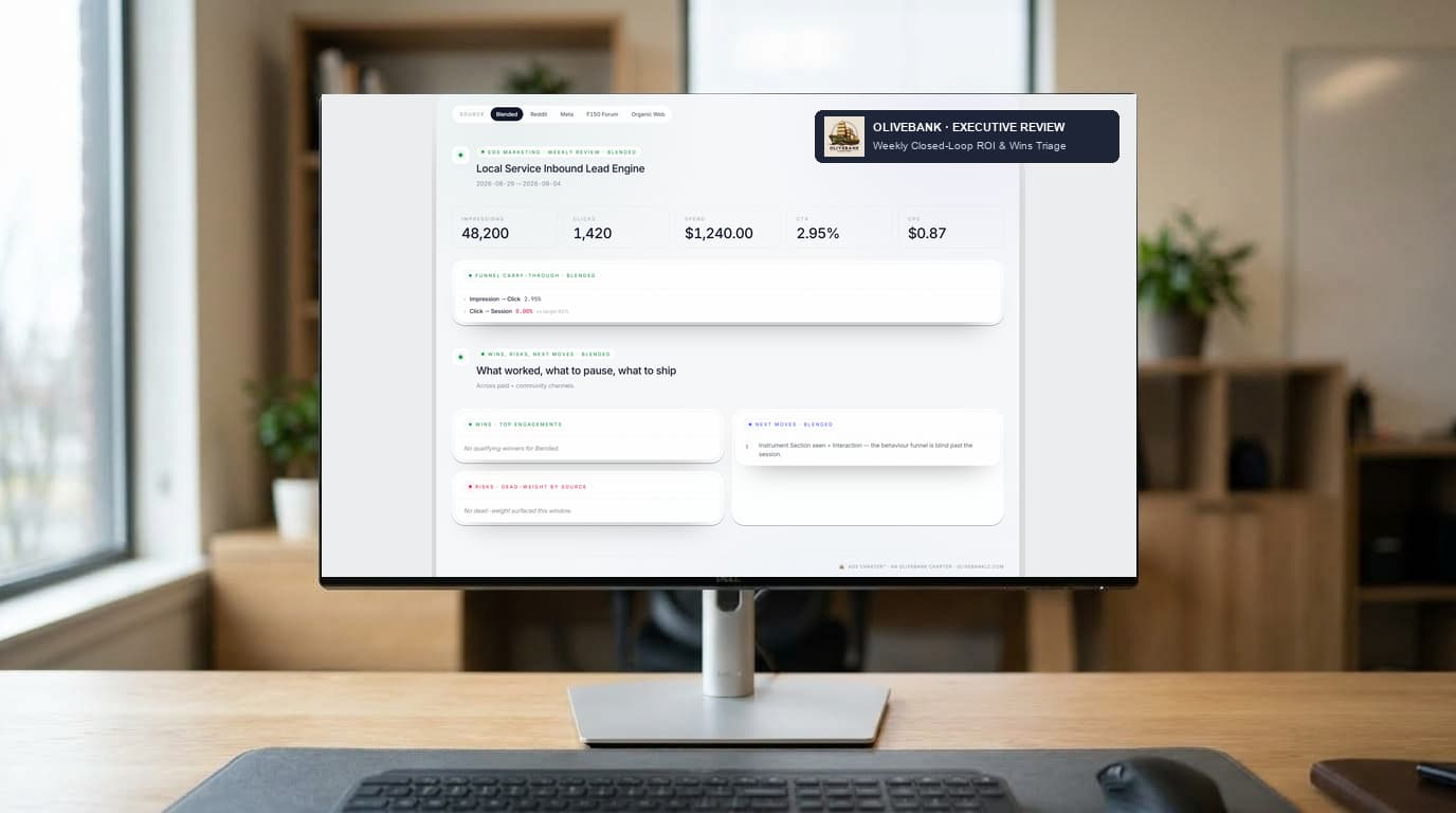 A monthly marketing performance review with spend, clicks and wins